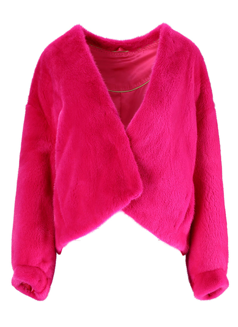 Mink puff sleeve V-neck jacket [Hot pink]