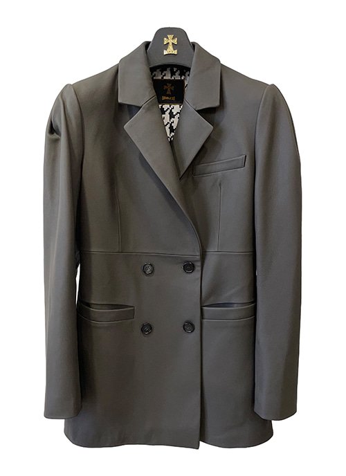 Puff sleeve leather jacket [Khaki grey]