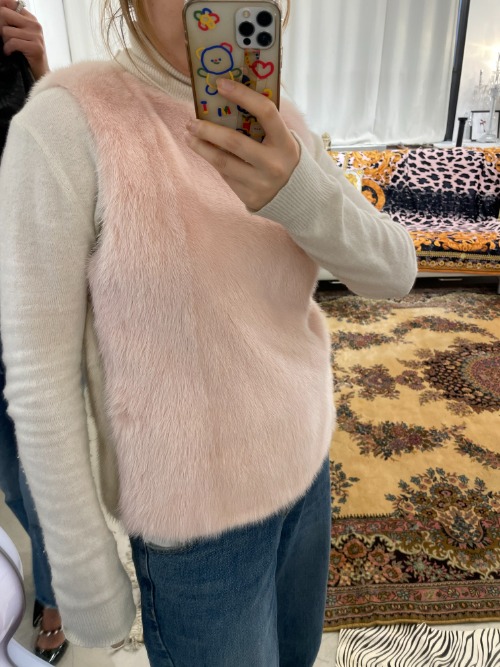 Side zipper mink vest [Baby pink &amp; Pearl]