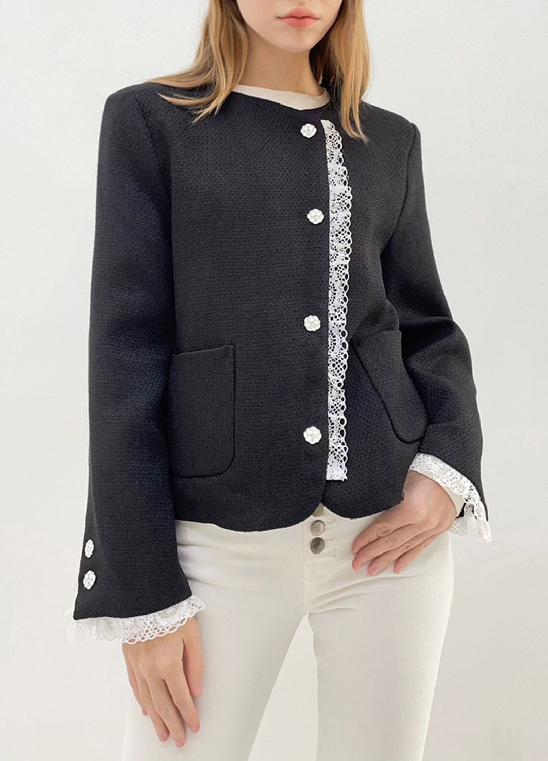 Lace trimming tweed jacket [Black] / Pre-order 3/29 - 3/31 [정상가 \258,000 / 이벤트가 \180,000]