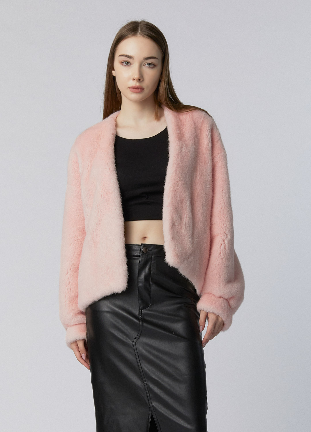 Mink puff sleeve V-neck jacket [Baby pink]