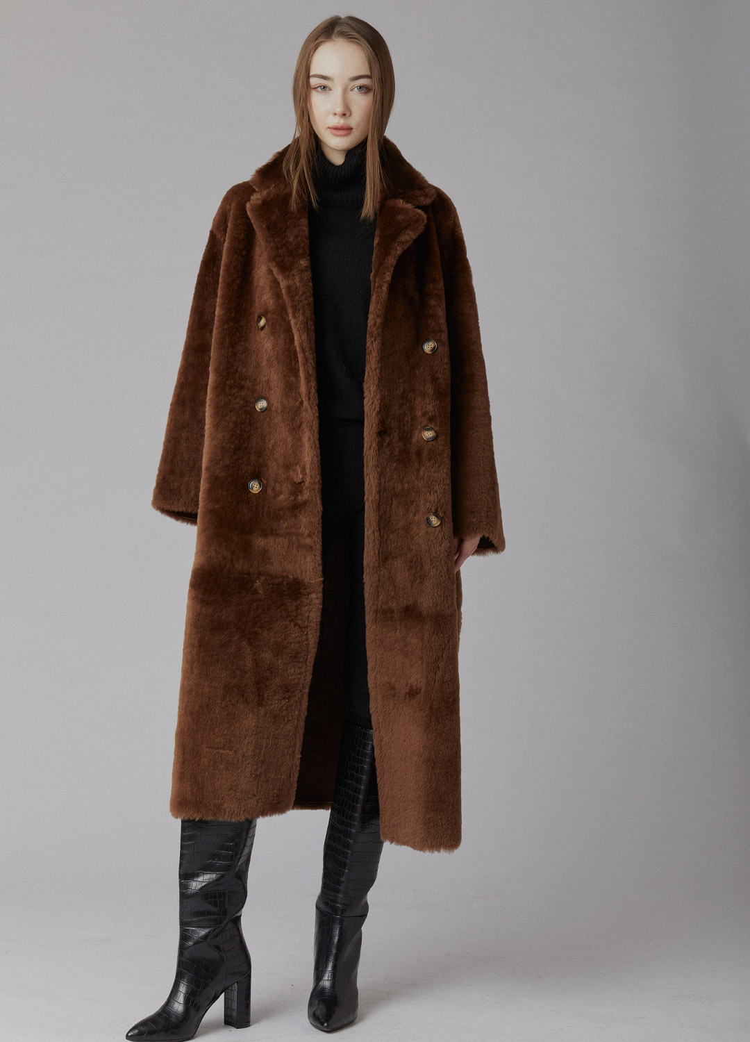 Double collar boxy long lamb coat [Brown]