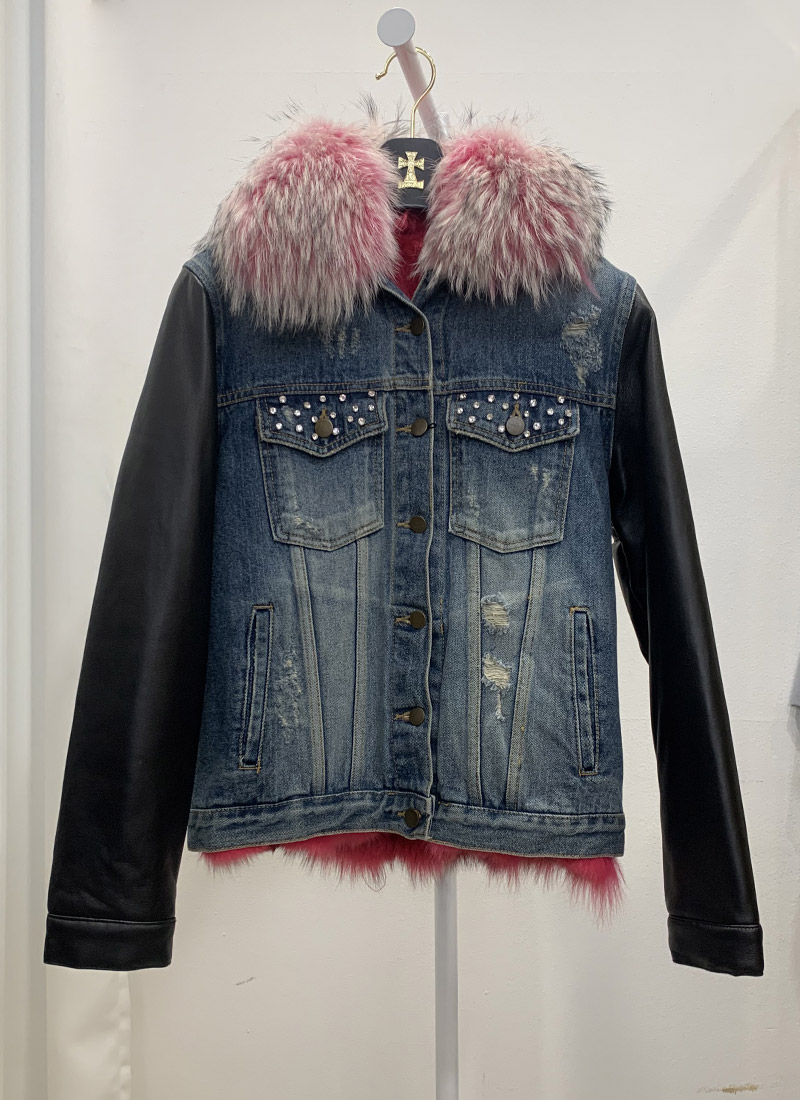 Jean fox fur jacket - Cross [Hot pink]
