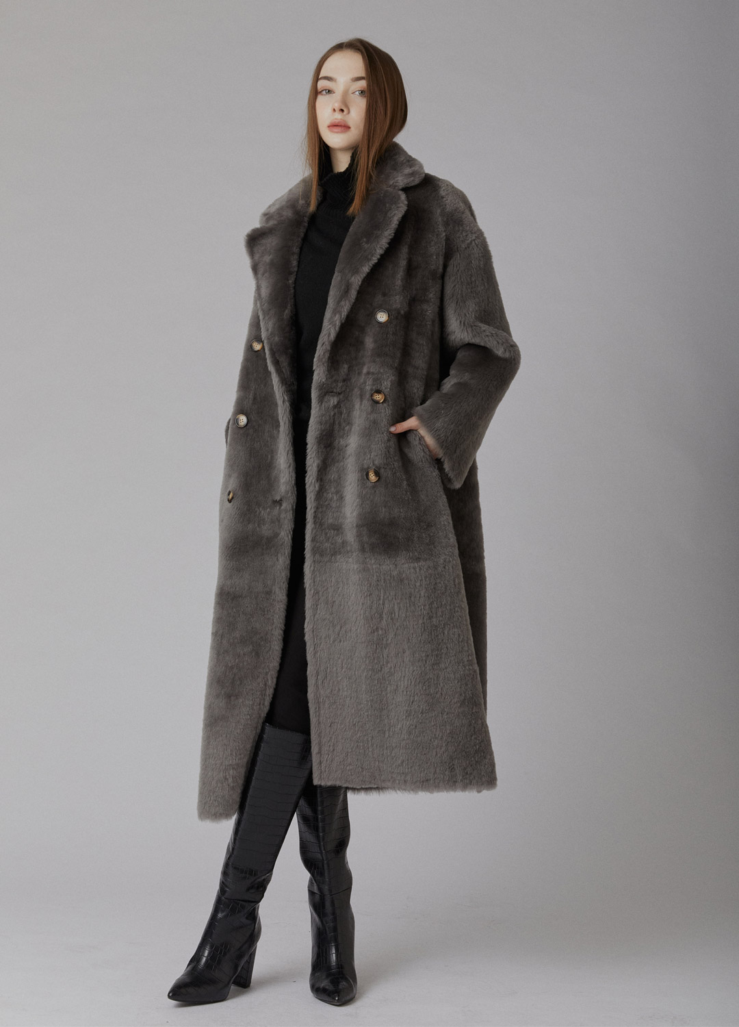 Double collar boxy long lamb coat [Grey]