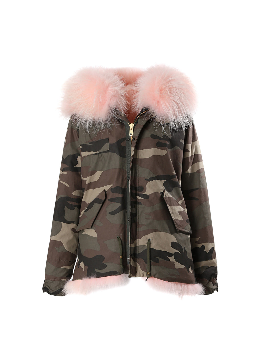 Fox short parka  [Baby pink &amp; Camouflage]